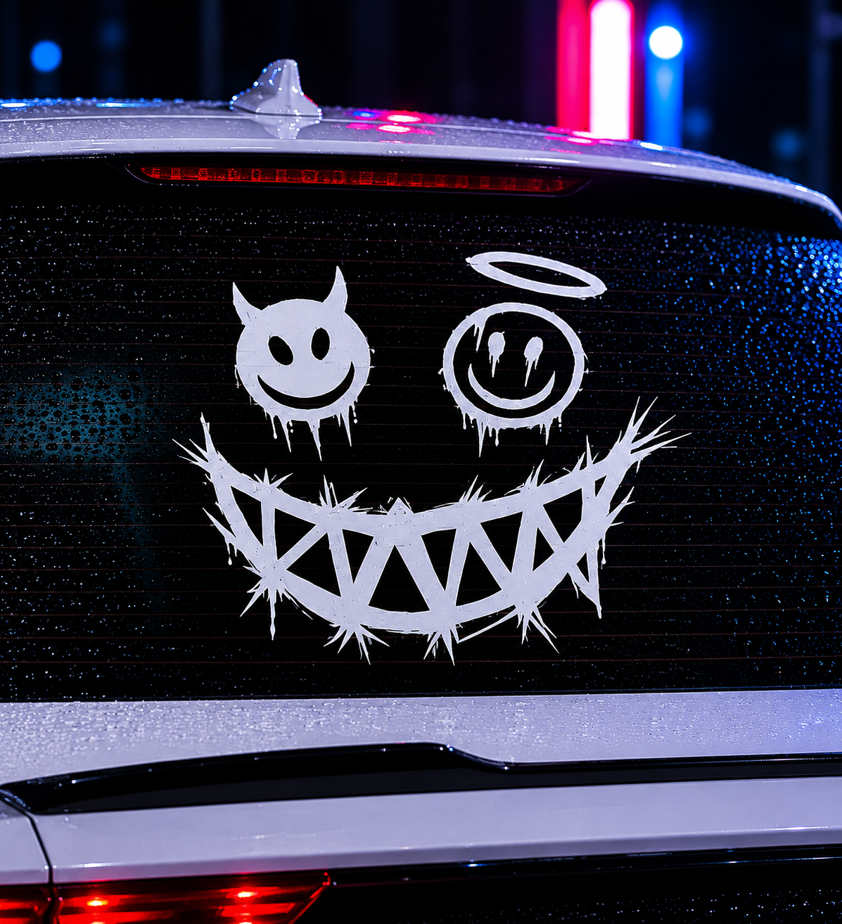 Sticker Vinil Sonrisa Malvada Demonio Y Ángel Para Auto